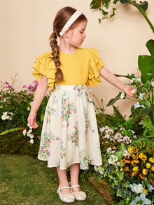 SHEIN Toddler Girls Ruffle Trim Top & Floral Print Skirt - Yellow - View 3
