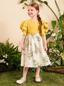 SHEIN Toddler Girls Ruffle Trim Top & Floral Print Skirt - Yellow - View 4