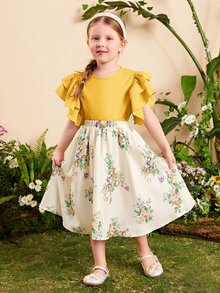 SHEIN Toddler Girls Ruffle Trim Top & Floral Print Skirt - Yellow - View 5