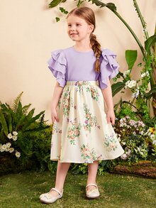 SHEIN Bộ thời trang bé gái Xù phân lớp Hoa Boho - Màu Lilac Tím - Xem 3