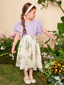 SHEIN Bộ thời trang bé gái Xù phân lớp Hoa Boho - Màu Lilac Tím - Xem 4