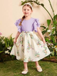 SHEIN Bộ thời trang bé gái Xù phân lớp Hoa Boho - Màu Lilac Tím - Xem 5