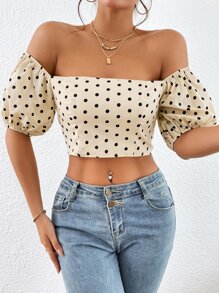 SHEIN Privé 波點圖案一字肩後背繫帶短款襯衫 - 杏色 - 查看 5