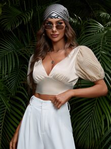 SHEIN Privé Áo sơ mi nữ Lộ Lưng Buộc lại màu trơn Gợi cảm - Màu be - Xem 4