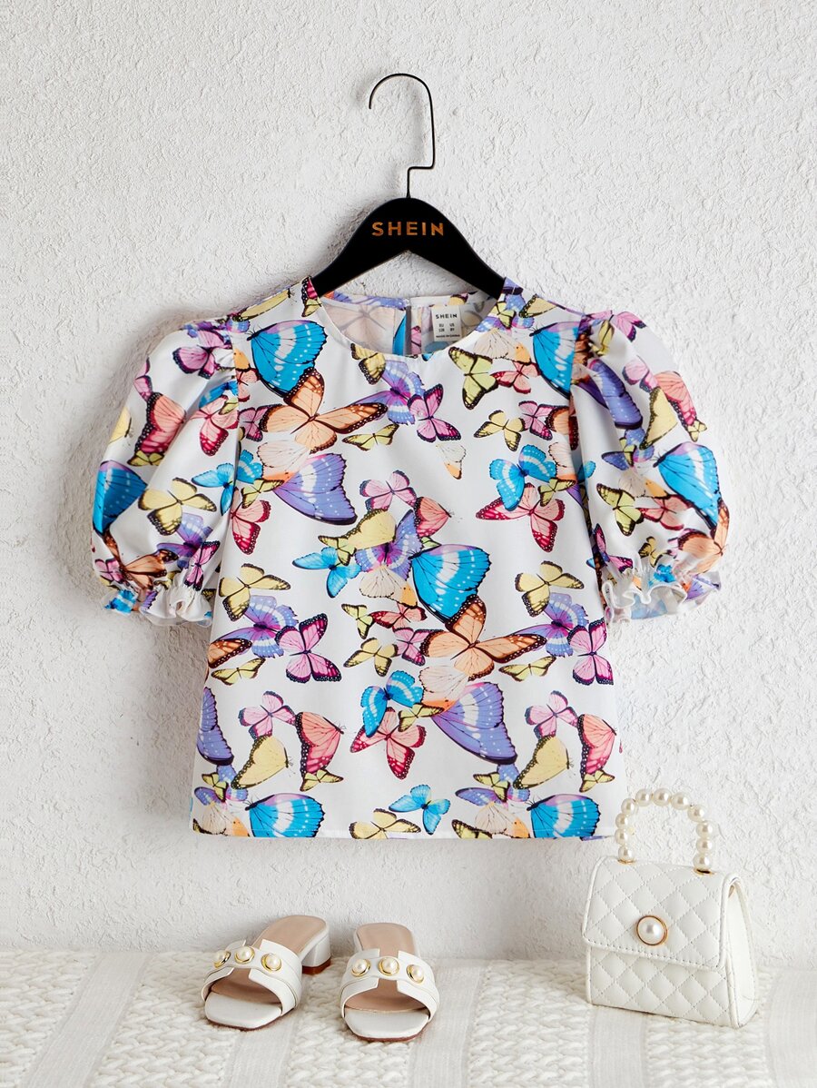 SHEIN Girls Butterfly Print Puff Sleeve Blouse - Multicolor - View 1