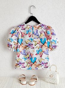 SHEIN Girls Butterfly Print Puff Sleeve Blouse - Multicolor - View 2