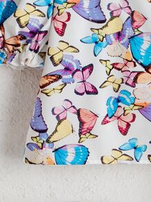 SHEIN Girls Butterfly Print Puff Sleeve Blouse - Multicolor - View 5