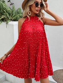 SHEIN VCAY Heart Print Pleated Detail Halter Neck Dress - Red - View 3