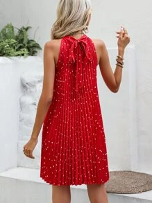 SHEIN VCAY Heart Print Pleated Detail Halter Neck Dress - Red - View 2