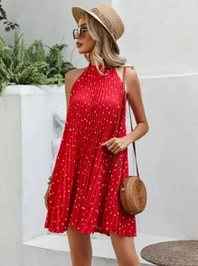 SHEIN VCAY Heart Print Pleated Detail Halter Neck Dress - Red - View 4