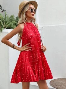 SHEIN VCAY Heart Print Pleated Detail Halter Neck Dress - Red - View 6