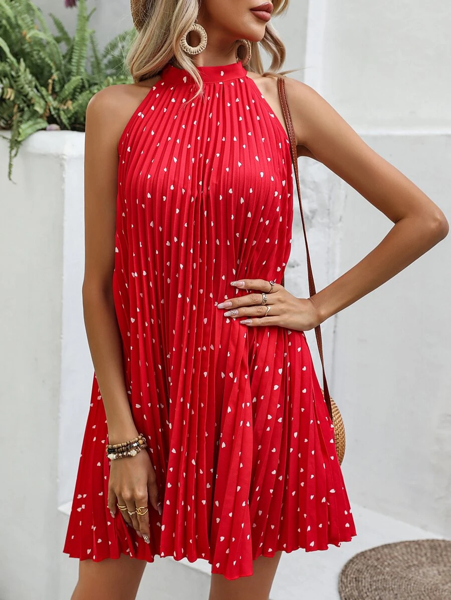 SHEIN VCAY Heart Print Pleated Detail Halter Neck Dress - Red - View 1