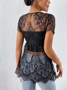 SHEIN Privé Floral Lace Peplum Hem Lace Blouse Without Cami Top - Black - View 3