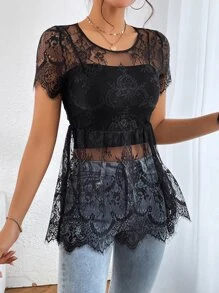 SHEIN Privé Floral Lace Peplum Hem Lace Blouse Without Cami Top - Black - View 4