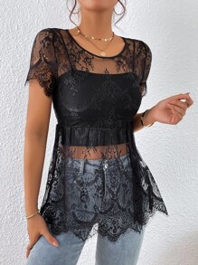 SHEIN Privé Floral Lace Peplum Hem Lace Blouse Without Cami Top - Black - View 5
