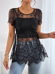 SHEIN Privé Floral Lace Peplum Hem Lace Blouse Without Cami Top - Black - View 6