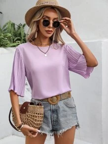 SHEIN VCAY Áo sơ mi nữ Xếp li màu trơn Giải trí - Màu tím - Xem 1