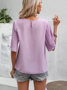 SHEIN VCAY Áo sơ mi nữ Xếp li màu trơn Giải trí - Màu tím - Xem 2