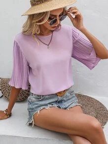 SHEIN VCAY Áo sơ mi nữ Xếp li màu trơn Giải trí - Màu tím - Xem 5