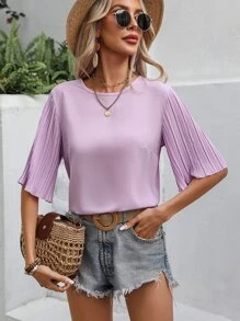 SHEIN VCAY Áo sơ mi nữ Xếp li màu trơn Giải trí - Màu tím - Xem 6