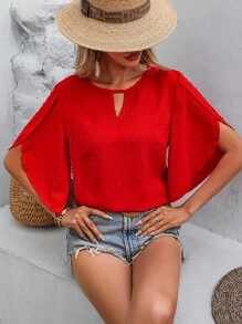 SHEIN LUNE Swiss Dot Keyhole Neck Petal Sleeve Blouse - Red - View 3