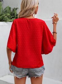 SHEIN LUNE Swiss Dot Keyhole Neck Petal Sleeve Blouse - Red - View 2