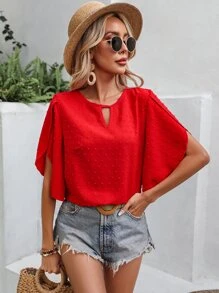 SHEIN LUNE Swiss Dot Keyhole Neck Petal Sleeve Blouse - Red - View 1