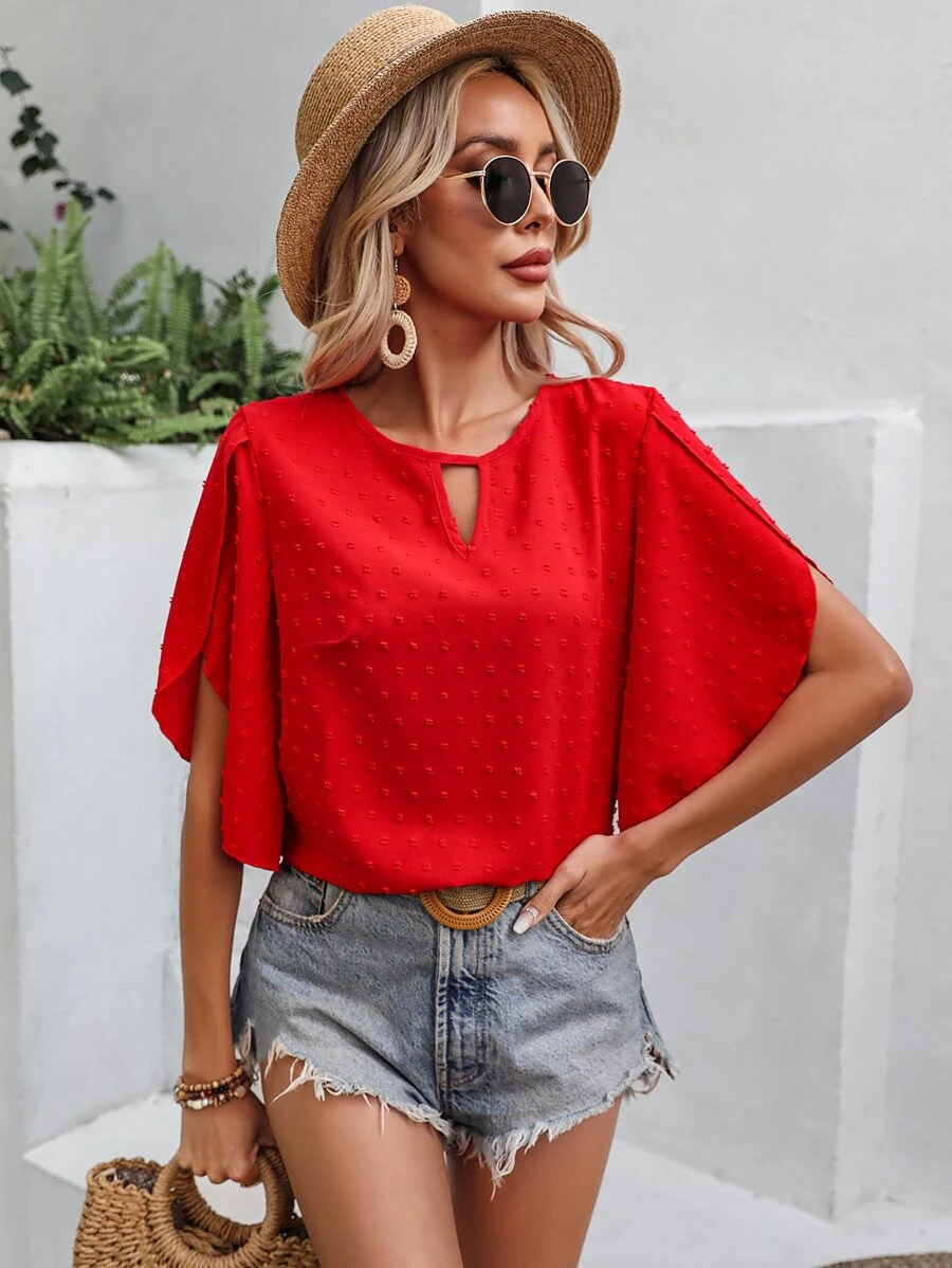 SHEIN LUNE Swiss Dot Keyhole Neck Petal Sleeve Blouse - Red - View 1