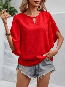 SHEIN LUNE Swiss Dot Keyhole Neck Petal Sleeve Blouse - Red - View 5