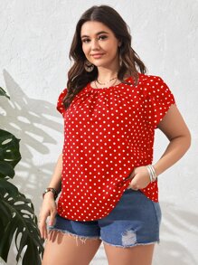 SHEIN Clasi Plus Polka Dot Print Petal Sleeve Blouse, Summer - Red - View 1