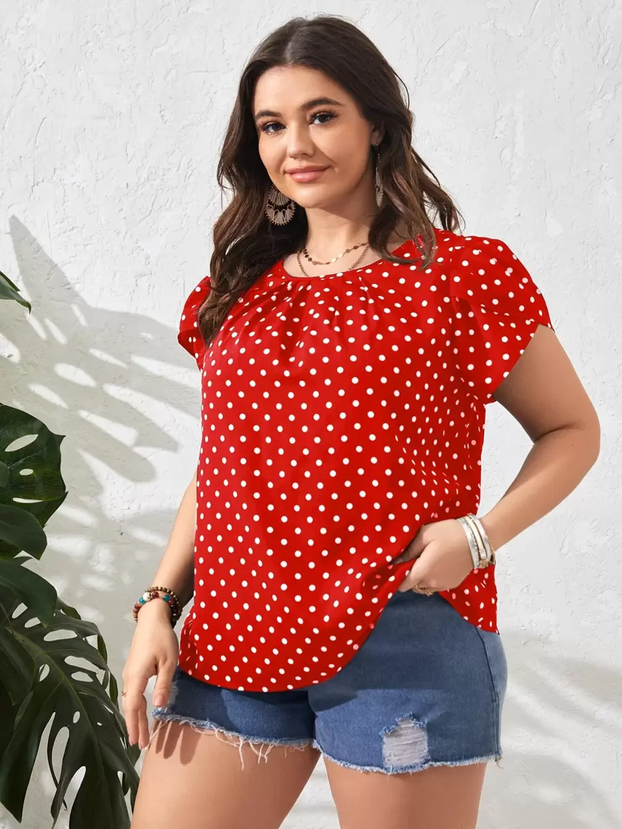 SHEIN Clasi Plus Polka Dot Print Petal Sleeve Blouse, Summer - Red - View 1