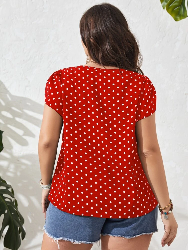 Plus Polka Dot Print Petal Sleeve Blouse, Summer