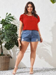 SHEIN Clasi Plus Polka Dot Print Petal Sleeve Blouse, Summer - Red - View 3