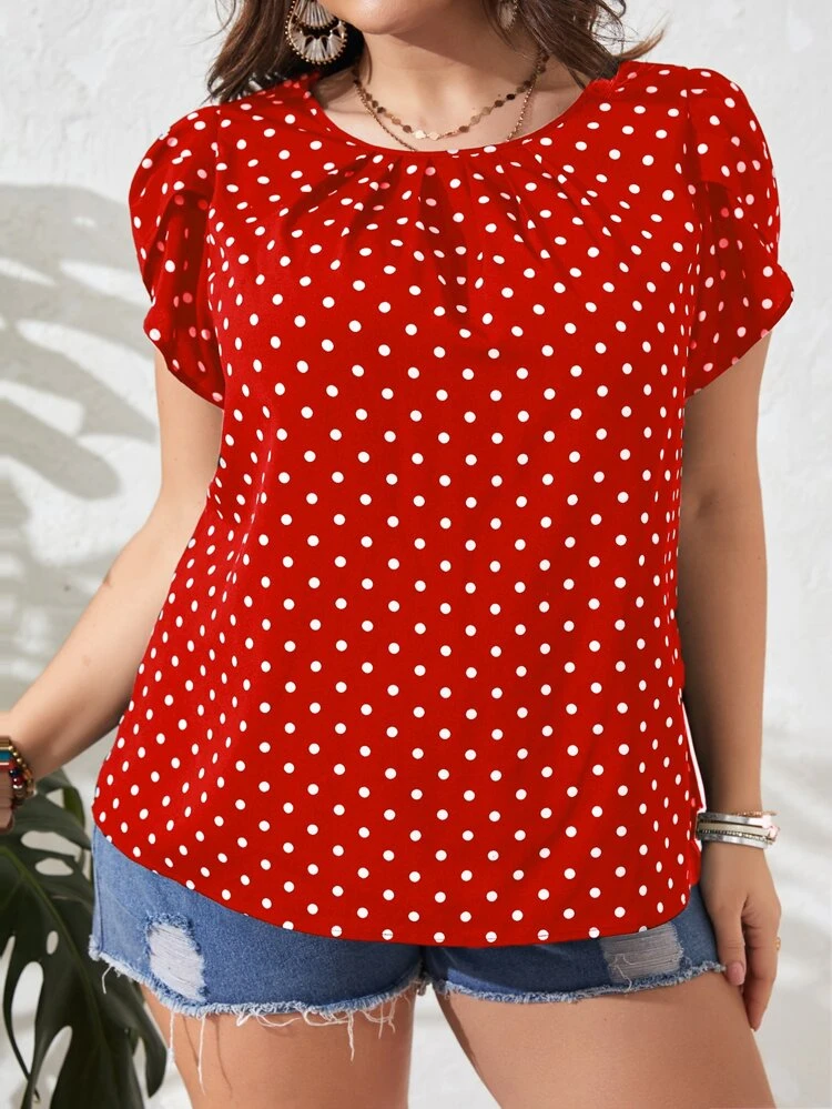 Plus Polka Dot Print Petal Sleeve Blouse, Summer