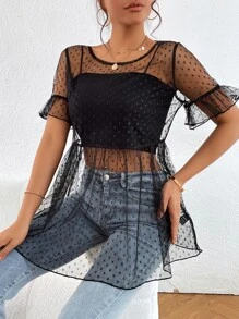 SHEIN Privé 圓點荷葉袖荷葉邊下擺網紗襯衫不附吊帶上衣 - 黑色 - 查看 1