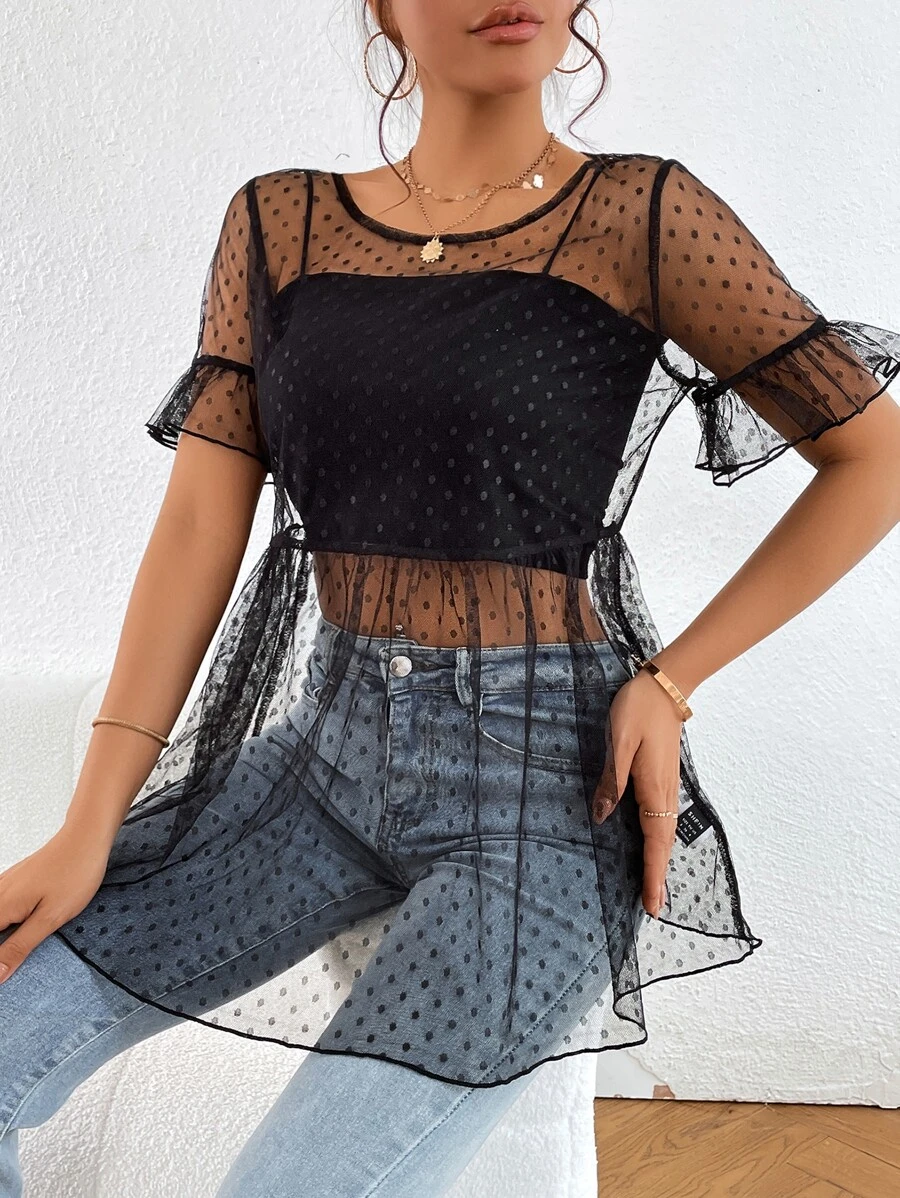 SHEIN Privé 圓點荷葉袖荷葉邊下擺網紗襯衫不附吊帶上衣 - 黑色 - 查看 1