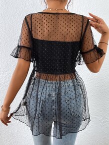 SHEIN Privé 圓點荷葉袖荷葉邊下擺網紗襯衫不附吊帶上衣 - 黑色 - 查看 2