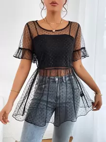 SHEIN Privé 圓點荷葉袖荷葉邊下擺網紗襯衫不附吊帶上衣 - 黑色 - 查看 3