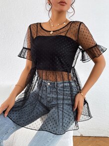 SHEIN Privé 圓點荷葉袖荷葉邊下擺網紗襯衫不附吊帶上衣 - 黑色 - 查看 4