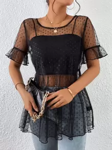SHEIN Privé 圓點荷葉袖荷葉邊下擺網紗襯衫不附吊帶上衣 - 黑色 - 查看 5