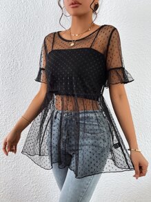 SHEIN Privé 圓點荷葉袖荷葉邊下擺網紗襯衫不附吊帶上衣 - 黑色 - 查看 6