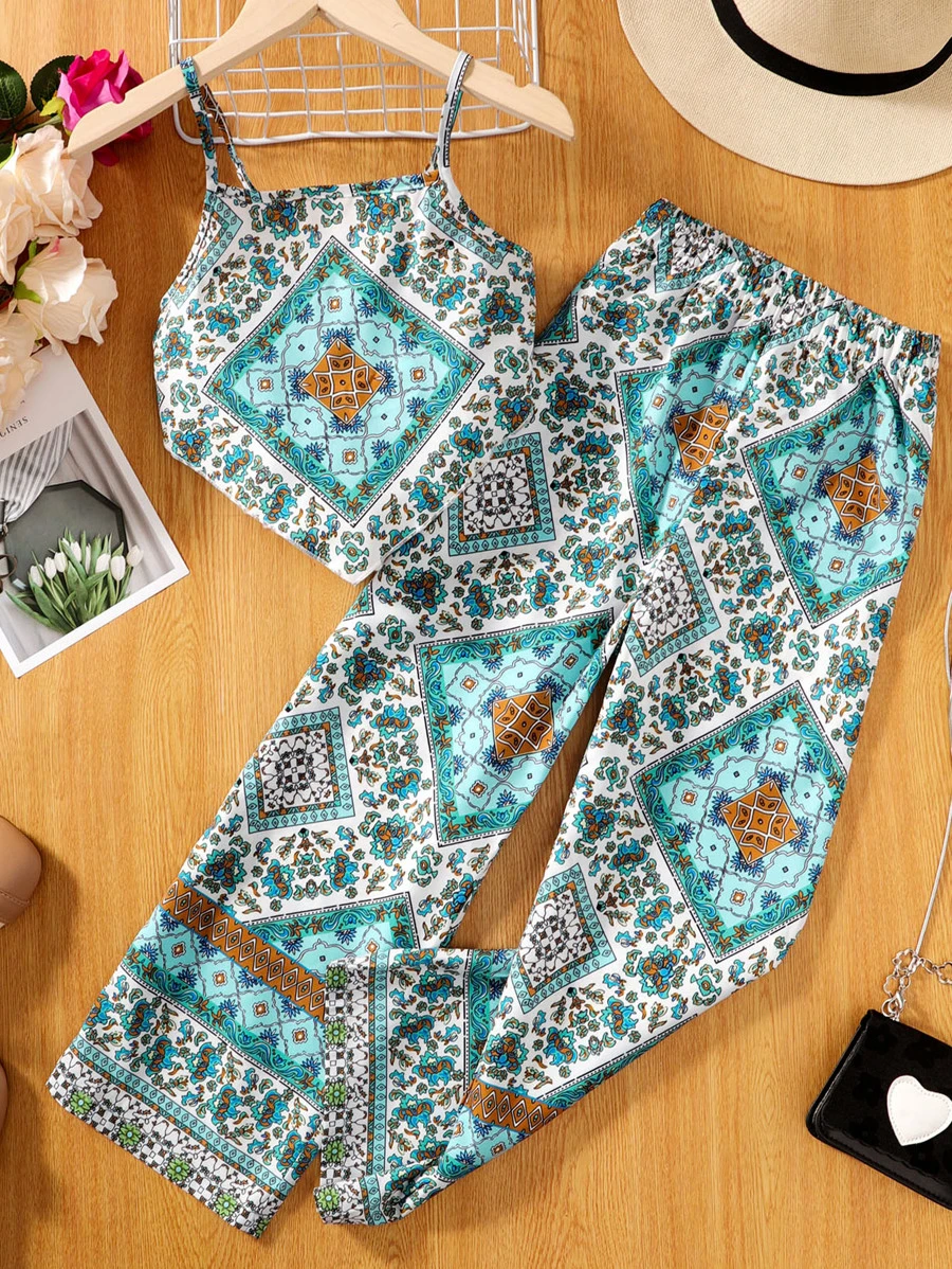 SHEIN 少女印花圍巾擺鉸帶背心上衣和長褲