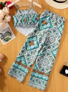 SHEIN 少女印花圍巾擺鉸帶背心上衣和長褲