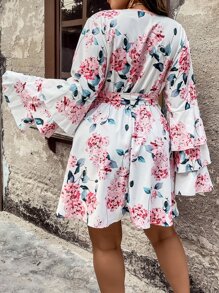 SHEIN LUNE Plus Floral Print Layered Sleeve Belted Dress - Multicolor - View 5