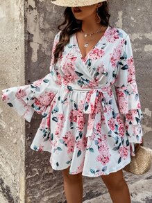 SHEIN LUNE Plus Floral Print Layered Sleeve Belted Dress - Multicolor - View 2