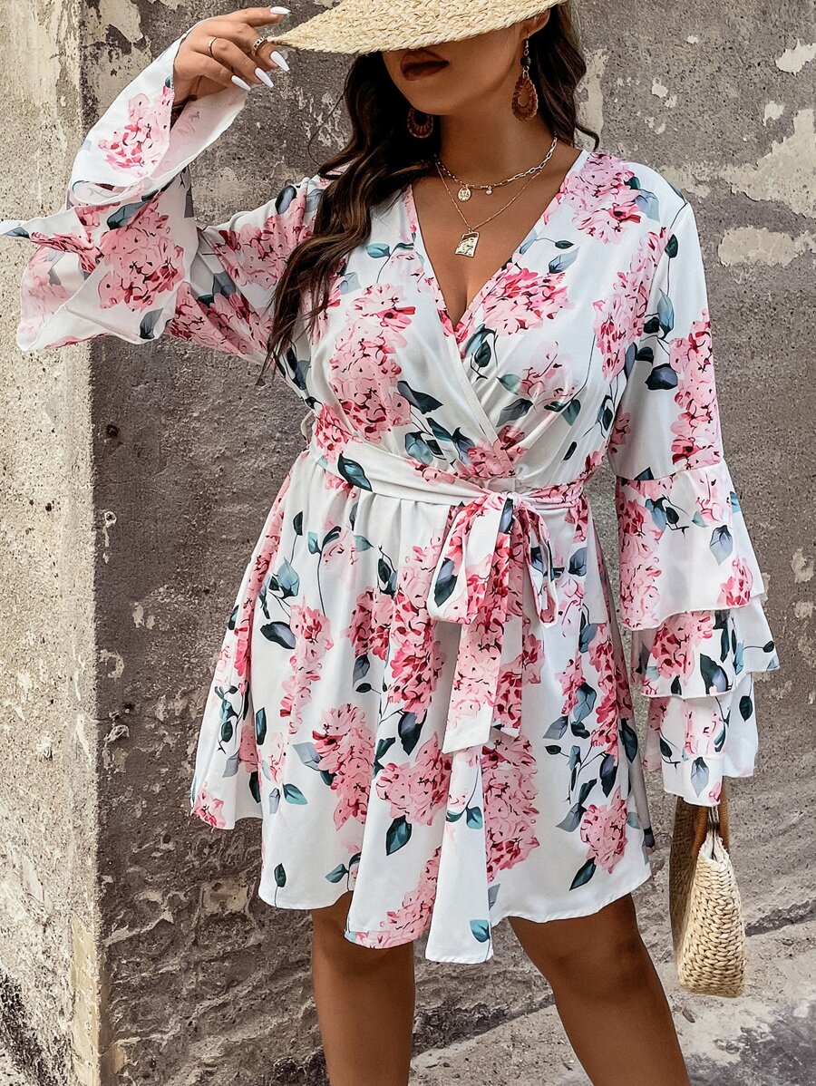 SHEIN LUNE Plus Floral Print Layered Sleeve Belted Dress - Multicolor - View 1
