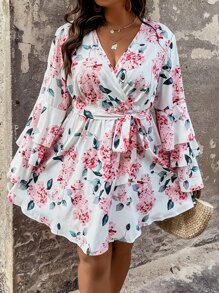 SHEIN LUNE Plus Floral Print Layered Sleeve Belted Dress - Multicolor - View 6