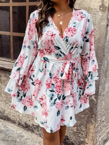 SHEIN LUNE Plus Floral Print Layered Sleeve Belted Dress - Multicolor - View 3