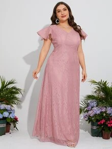 大碼蝴蝶袖蕾絲伴娘連衣裙 - 淺粉色 - 查看 5
