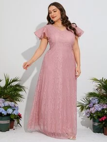 大碼蝴蝶袖蕾絲伴娘連衣裙 - 淺粉色 - 查看 4